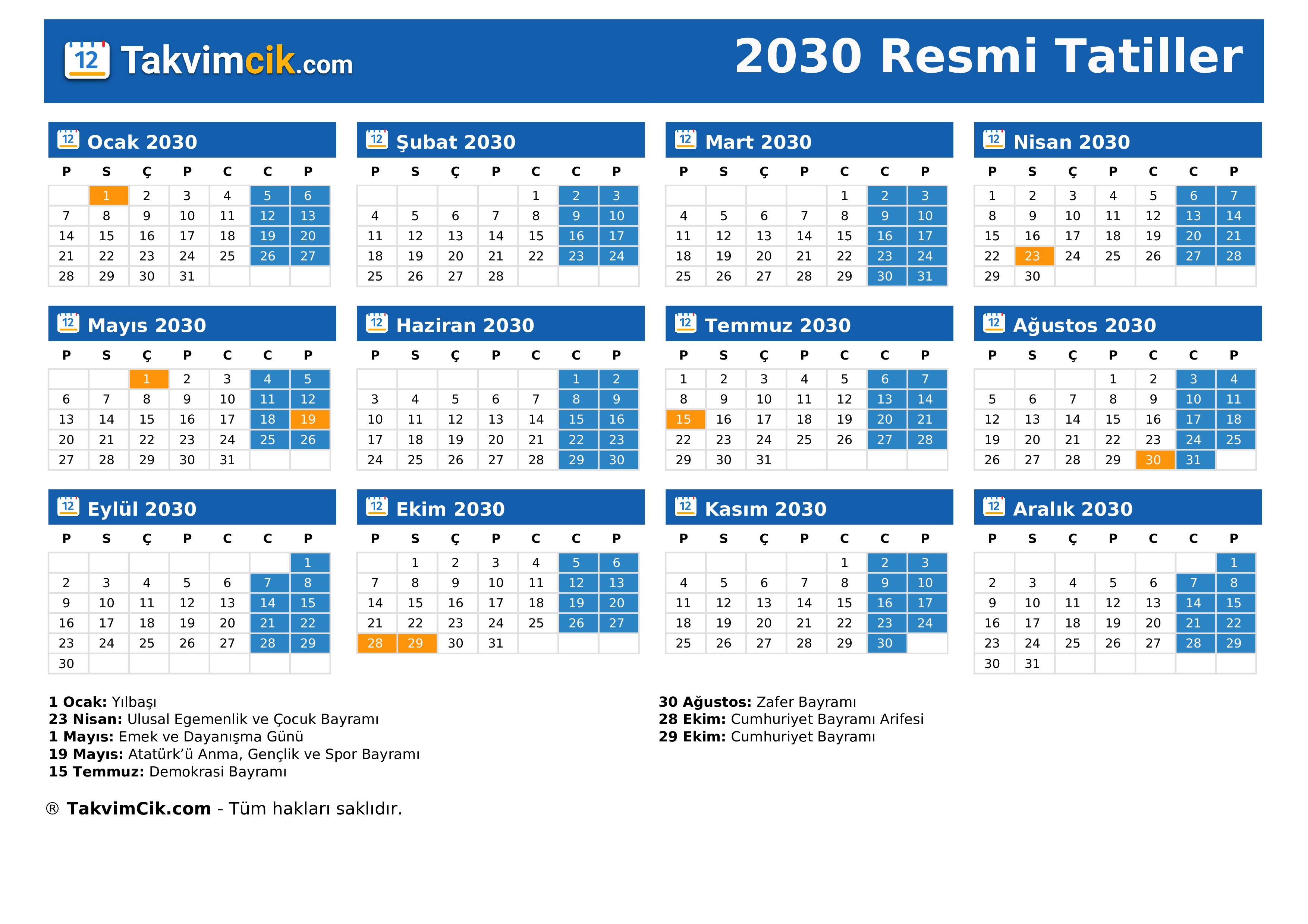 Resmi Tatiller 2030