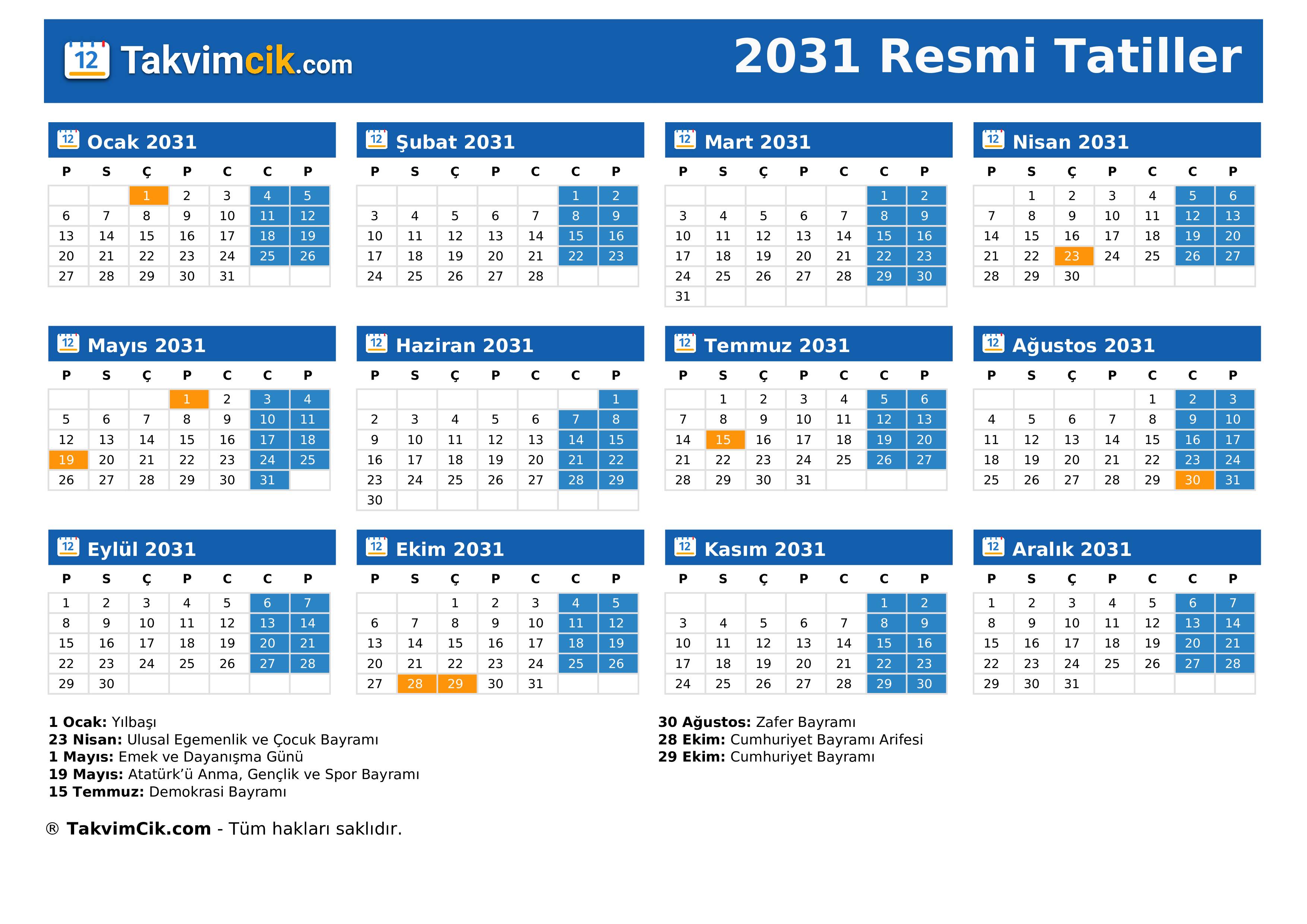 Resmi Tatiller 2031